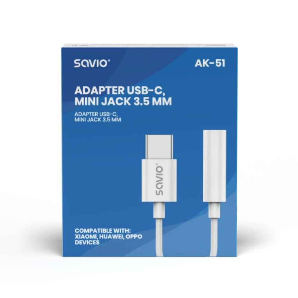 Savio - AK-51 cable de audio 0,11 m 3,5mm USB Tipo C Blanco