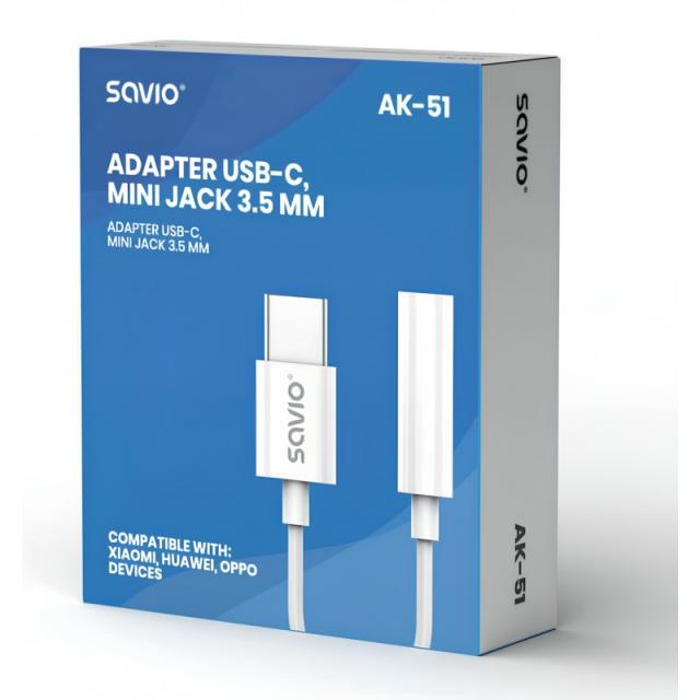 Savio - AK-51 cable de audio 0,11 m 3,5mm USB Tipo C Blanco