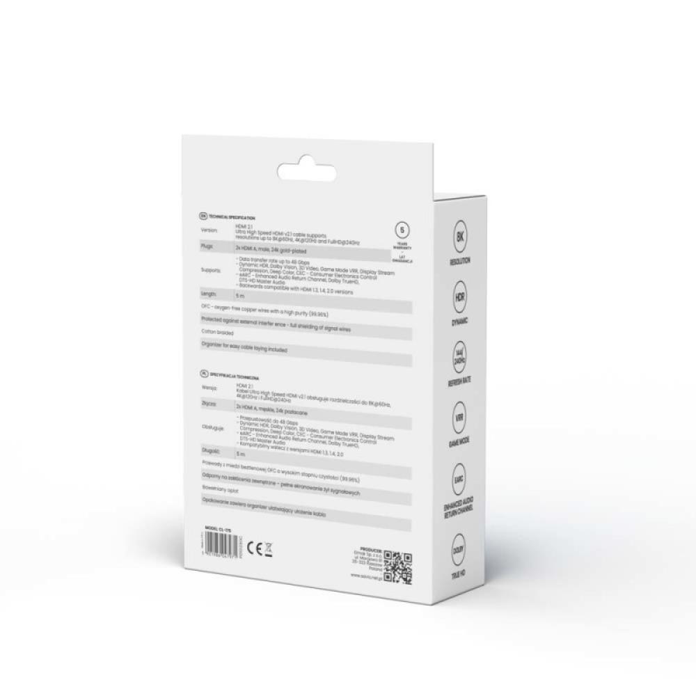 Savio - HDMI (M) v2.1 cable angled 8K HDR Dynamic OFC copper 5m CL-175 cable HDMI 3 m HDMI tipo A (Estándar) Negro