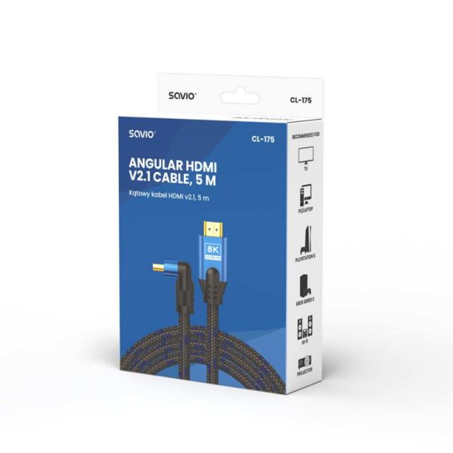Savio - HDMI (M) v2.1 cable angled 8K HDR Dynamic OFC copper 5m CL-175 cable HDMI 3 m HDMI tipo A (Estándar) Negro