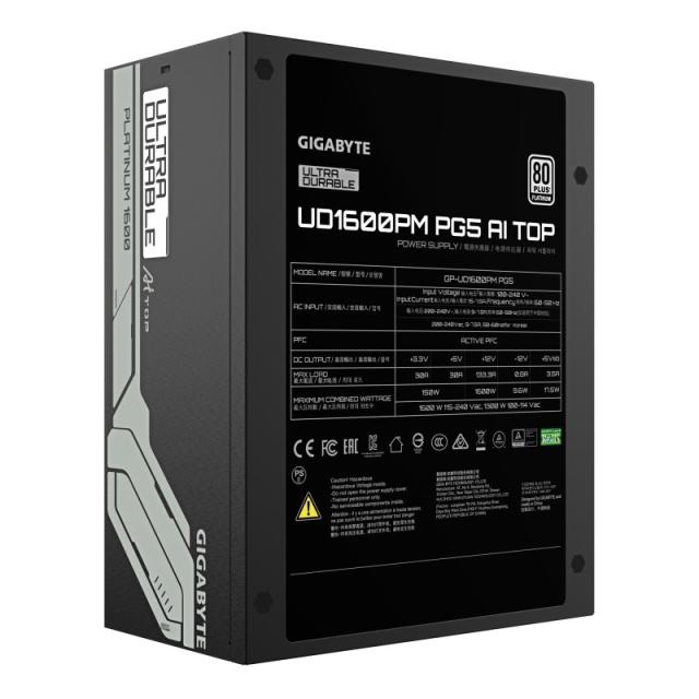 GIGABYTE - UD1600PM PG5 AI TOP Fuente de Alimentación - PCIe 5.0, 80 PLUS Platinum, Diseño totalmente modular, Ventilador de 120