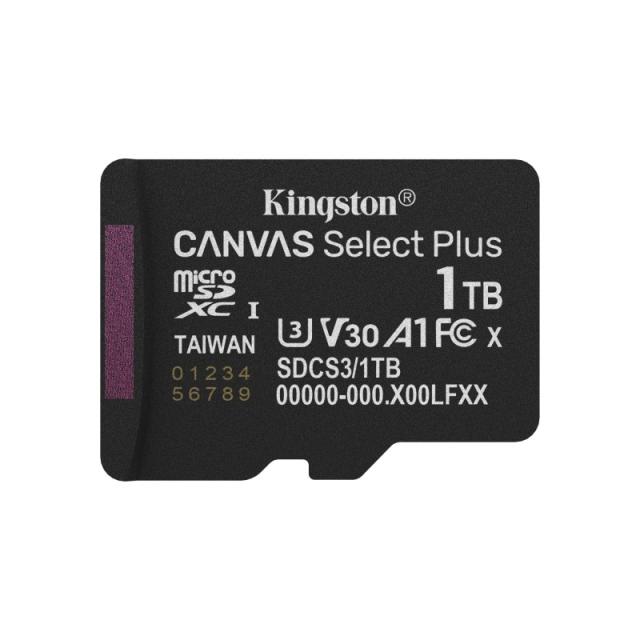 Kingston Technology - 1TB micSDXC Canvas Select Plus Gen3 150R A1 (Adaptador de SD no incluido)