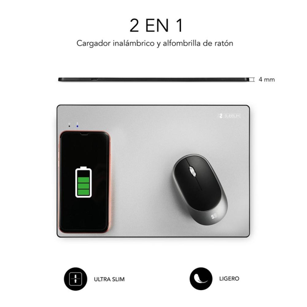 SUBBLIM - Alfombrilla con cargador Inalámbrico Mousepad Wireless Charger Aluminum Silver 10W
