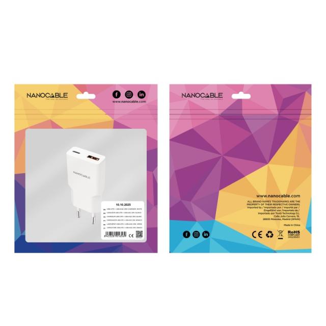 Nanocable - Cargador USB-C/PD 25W + USB-A/QC 25W, Blanco