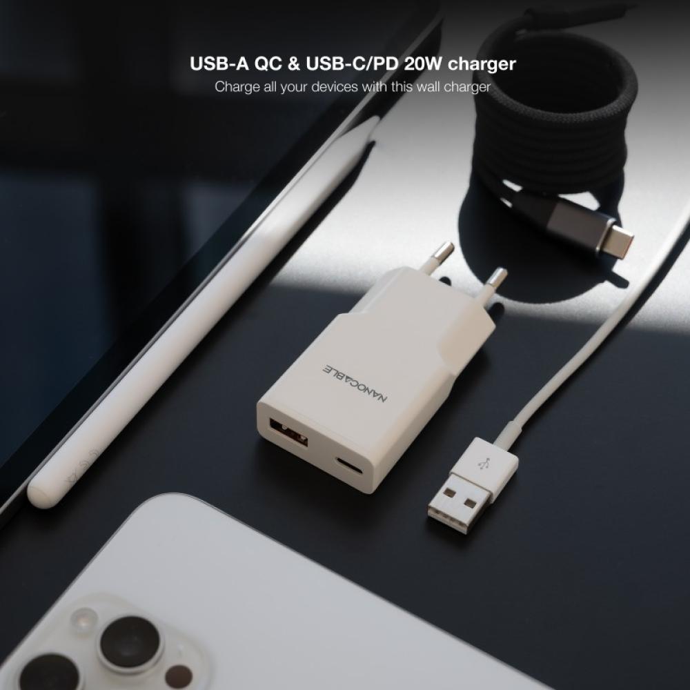 Nanocable - Cargador USB-C/PD 20W + USB-A/QC 20W, Blanco