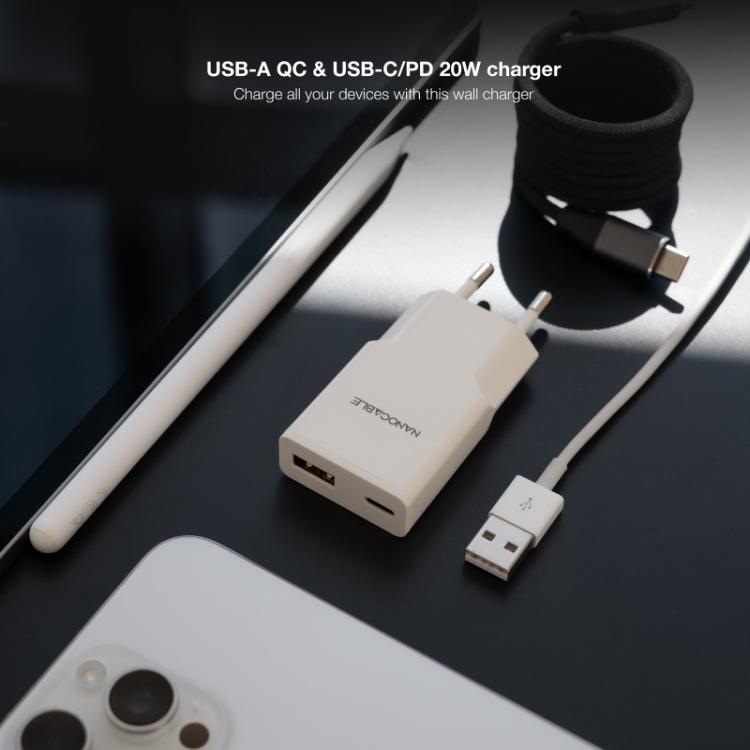 Nanocable - Cargador USB-C/PD 20W + USB-A/QC 20W, Blanco