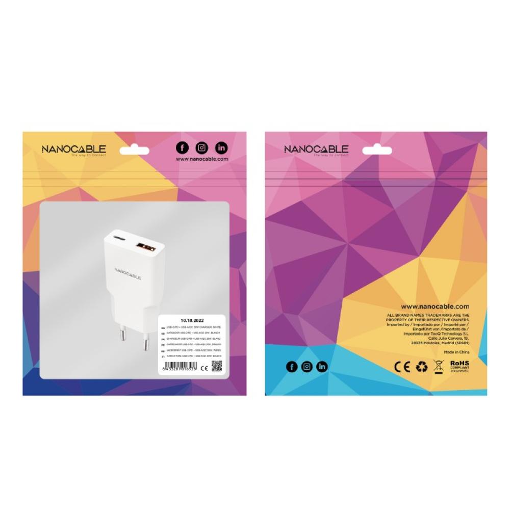 Nanocable - Cargador USB-C/PD 20W + USB-A/QC 20W, Blanco