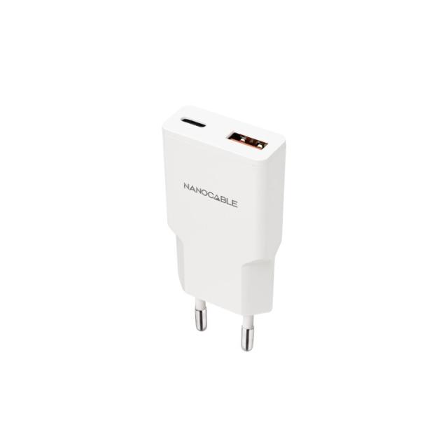 Nanocable - Cargador USB-C/PD 20W + USB-A/QC 20W, Blanco