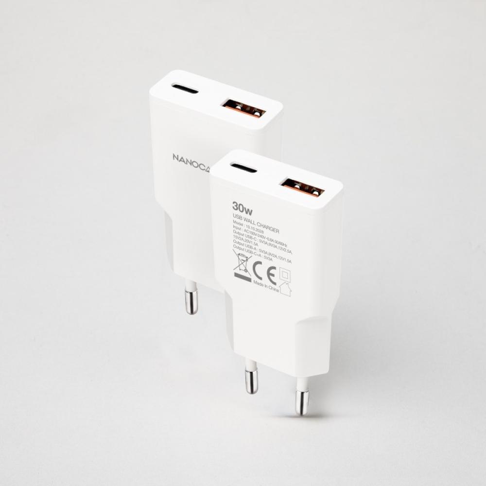 Nanocable - Cargador USB-C/PD 30W + USB-A/QC 30W, Blanco
