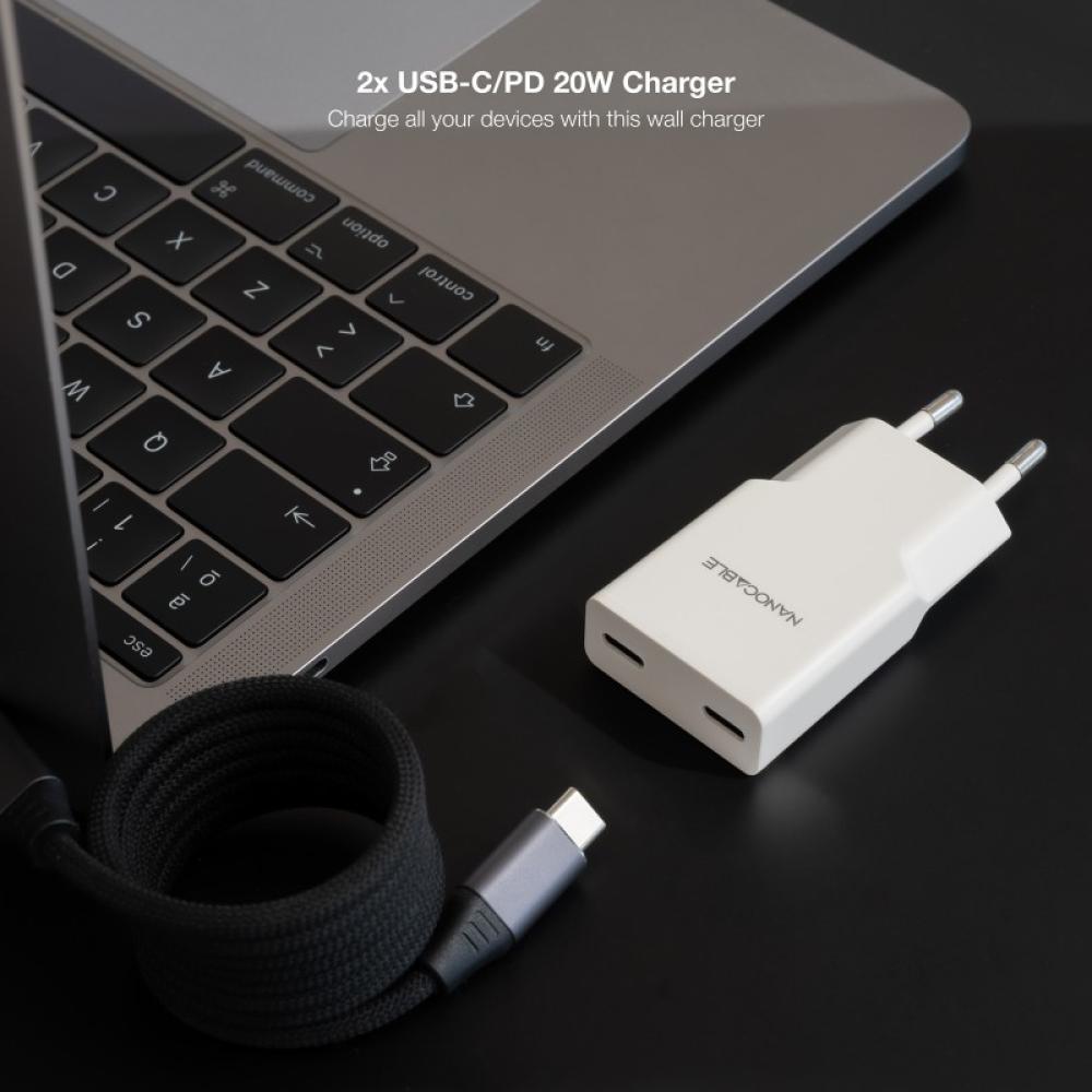 Nanocable - Cargador 2xUSB-C/PD 20W, Blanco