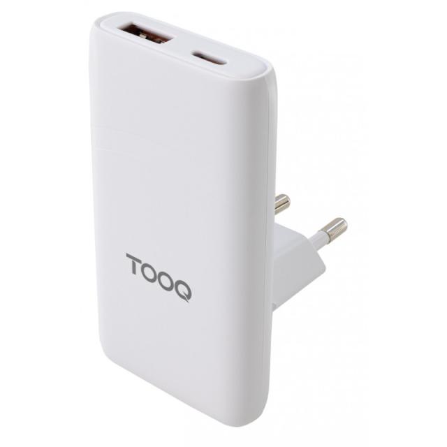 TooQ - Cargador de viaje Tipo C y Tipo A, GaN 65W, USB-C/PD + USB-A/QC, Blanco