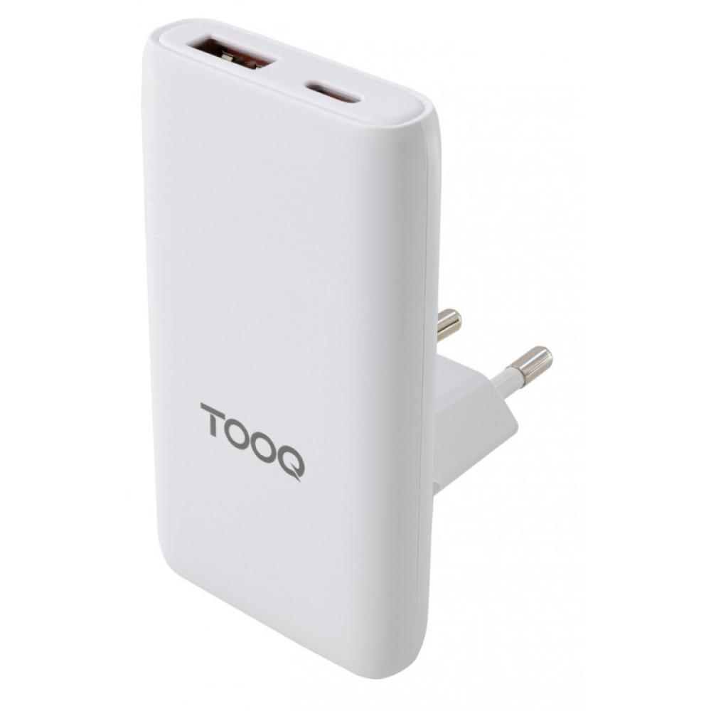 TooQ - Cargador de viaje Tipo C y Tipo A, GaN 65W, USB-C/PD + USB-A/QC, Blanco