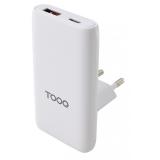 TooQ - Cargador de viaje Tipo C y Tipo A, GaN 65W, USB-C/PD + USB-A/QC, Blanco