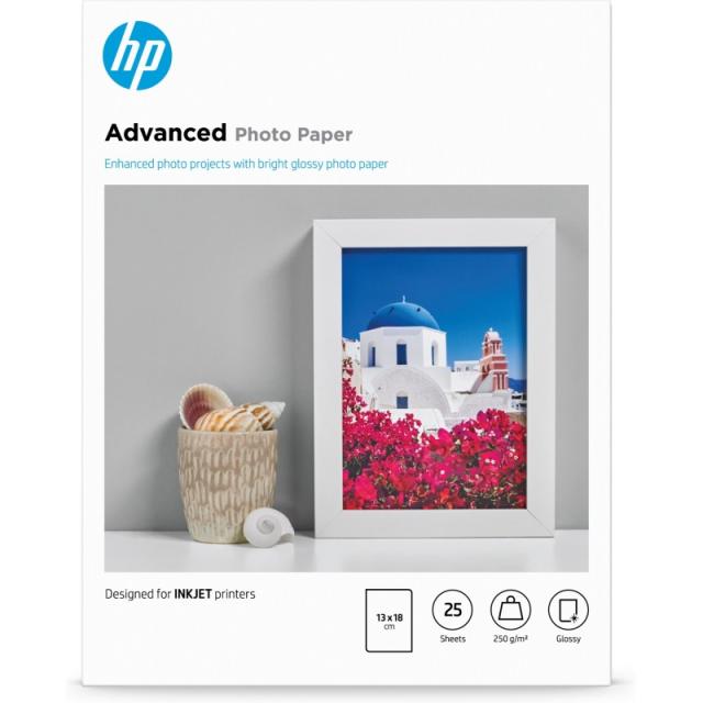 HP - Papel fotográfico Advanced, brillante, 250 g/m2, 13 x 18 cm (127 x 178 mm), 25 hojas