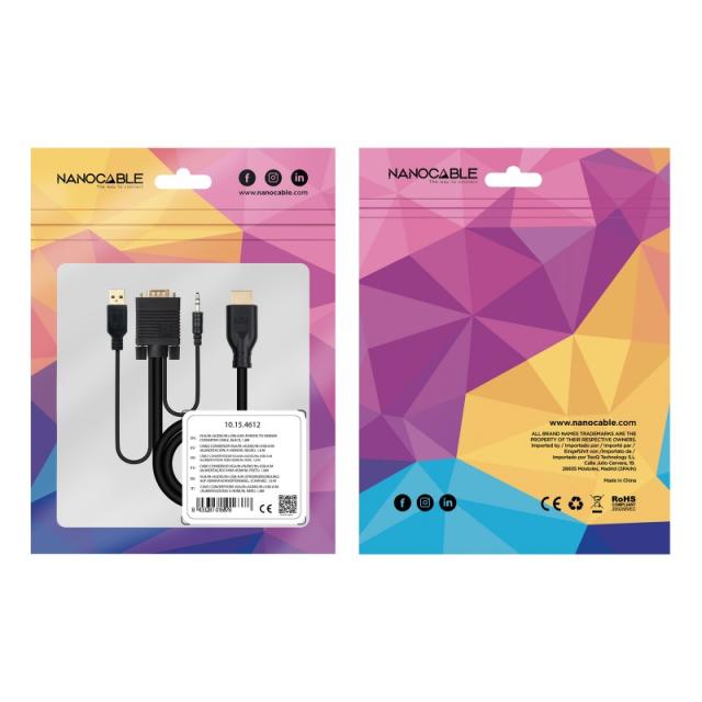 Nanocable - Conversor unidireccional VGA/M + AUDIO/M + USB-A/M (para alimentación) a HDMI/M, Negro, 1.8m