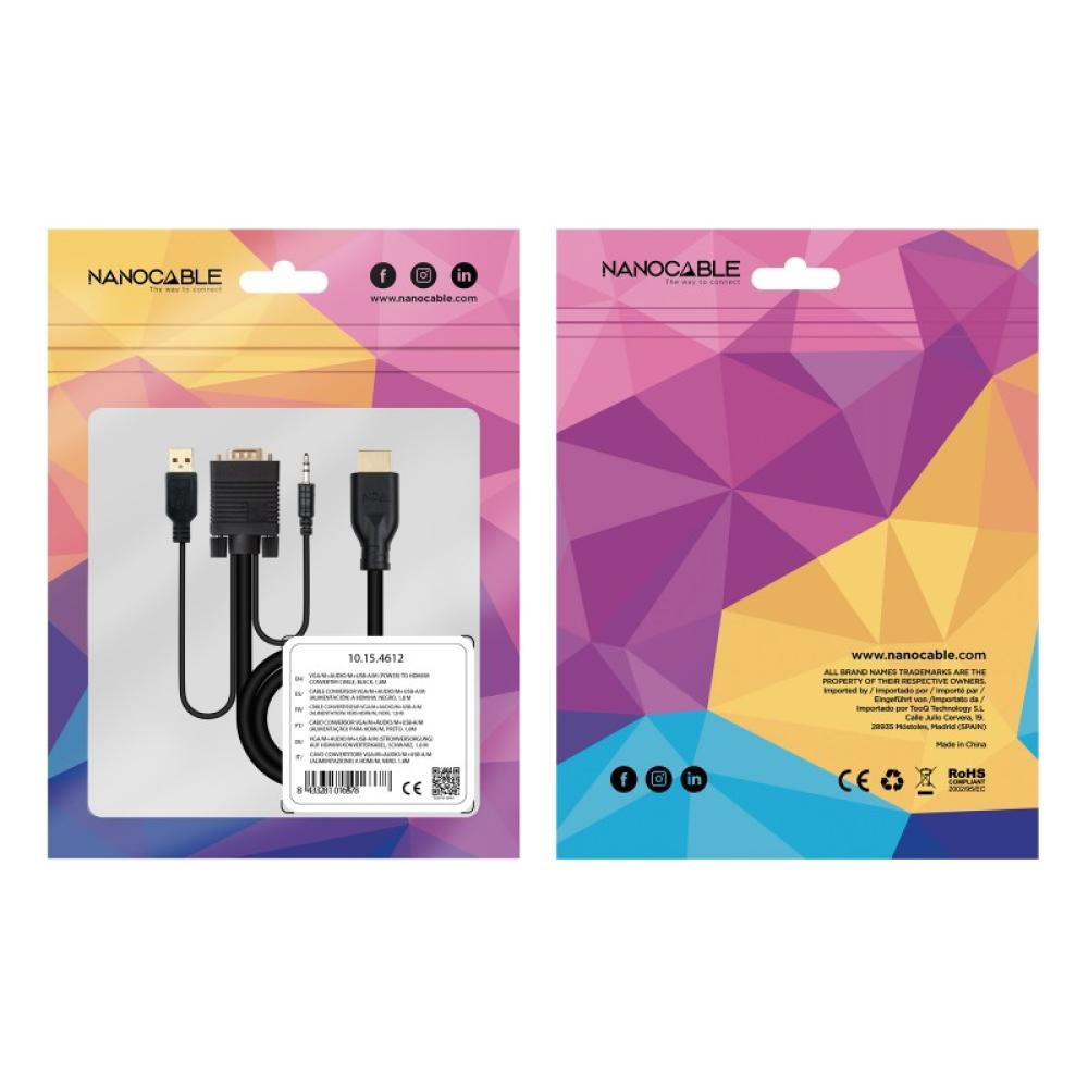 Nanocable - Conversor unidireccional VGA/M + AUDIO/M + USB-A/M (para alimentación) a HDMI/M, Negro, 1.8m