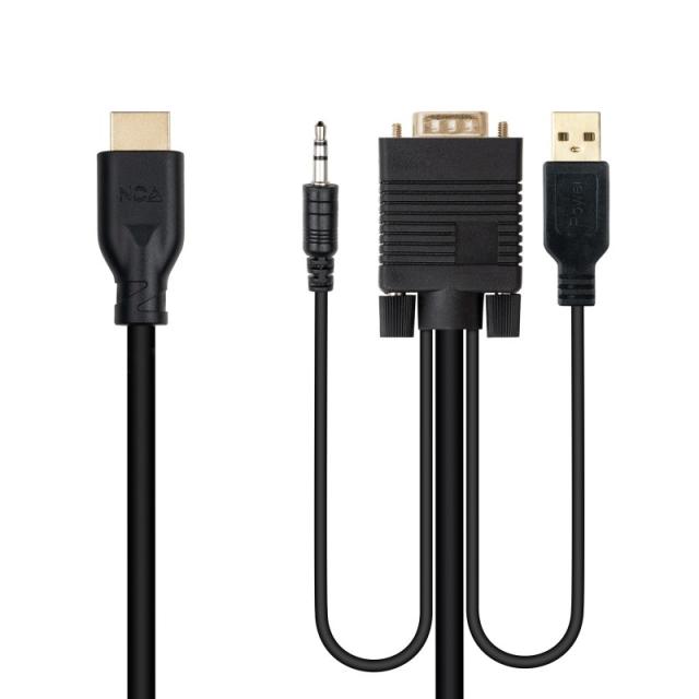 Nanocable - Conversor unidireccional VGA/M + AUDIO/M + USB-A/M (para alimentación) a HDMI/M, Negro, 1.8m