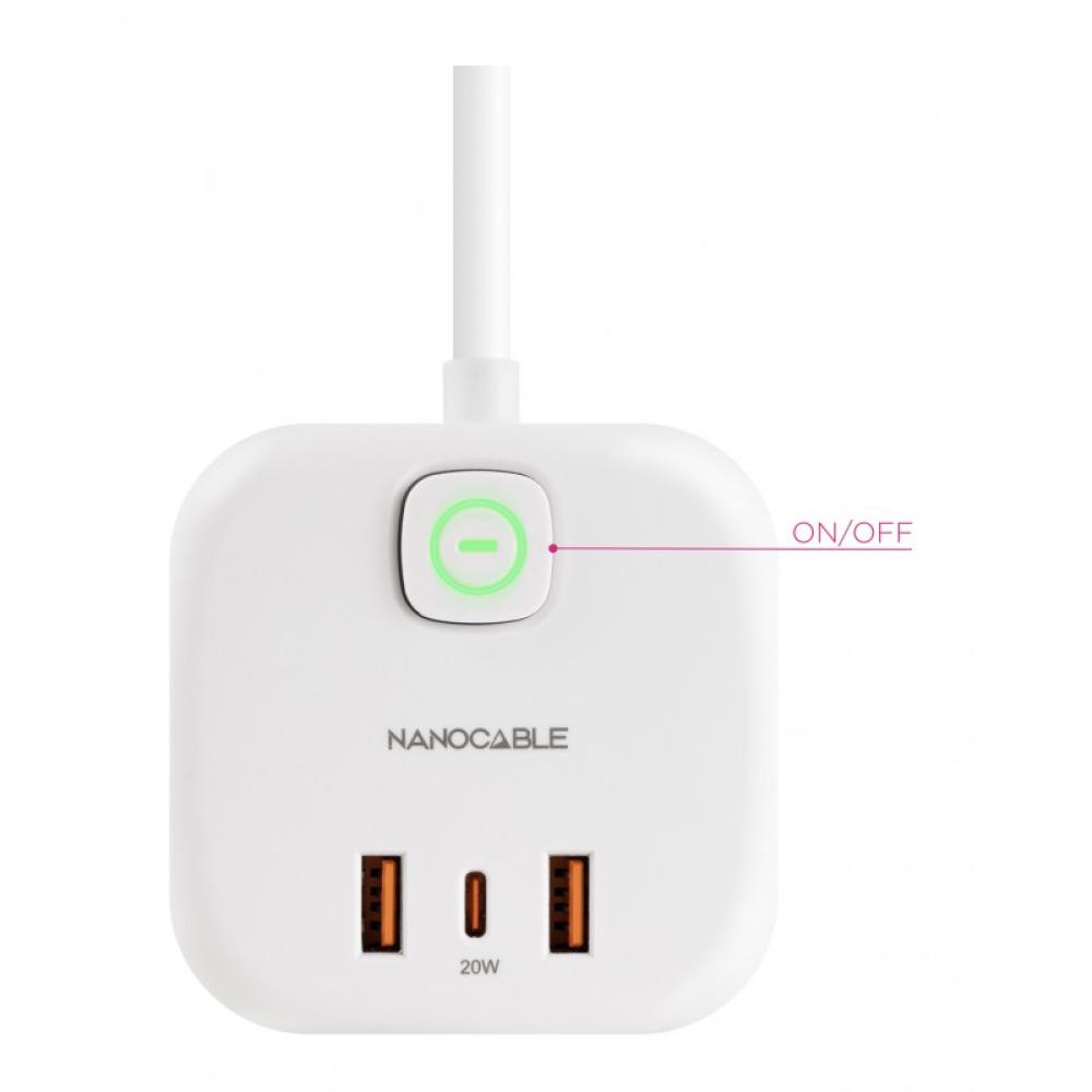 Nanocable - Base de 3 enchufes con 3 USB (2 USB-A + 1 USB-C), GaN + PPS, PD 20W, con interruptor, Blanco