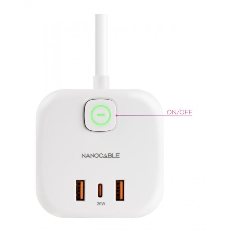 Nanocable - Base de 3 enchufes con 3 USB (2 USB-A + 1 USB-C), GaN + PPS, PD 20W, con interruptor, Blanco