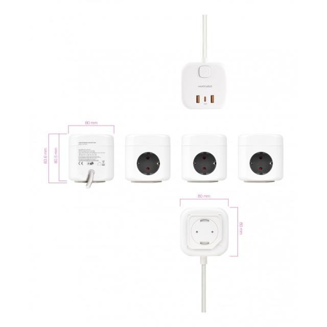 Nanocable - Base de 3 enchufes con 3 USB (2 USB-A + 1 USB-C), GaN + PPS, PD 20W, con interruptor, Blanco