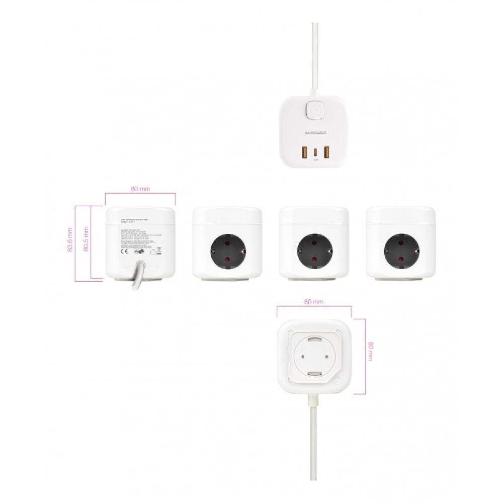 Nanocable - Base de 3 enchufes con 3 USB (2 USB-A + 1 USB-C), GaN + PPS, PD 20W, con interruptor, Blanco