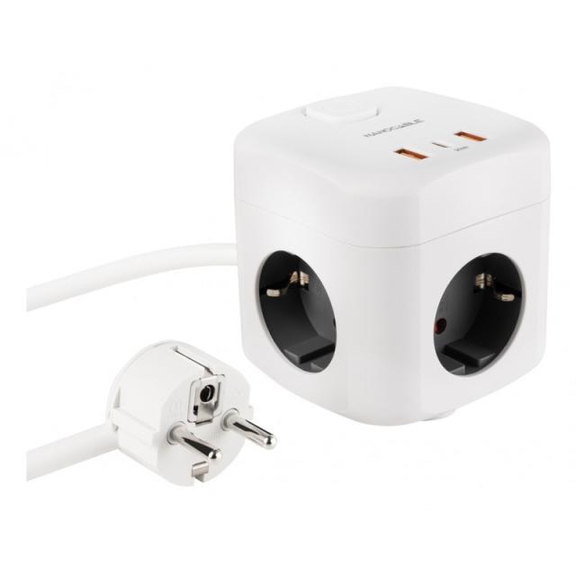 Nanocable - Base de 3 enchufes con 3 USB (2 USB-A + 1 USB-C), GaN + PPS, PD 20W, con interruptor, Blanco