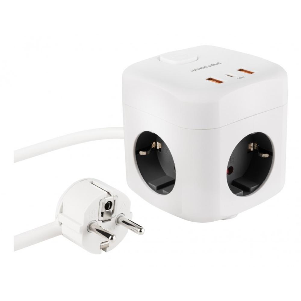 Nanocable - Base de 3 enchufes con 3 USB (2 USB-A + 1 USB-C), GaN + PPS, PD 20W, con interruptor, Blanco