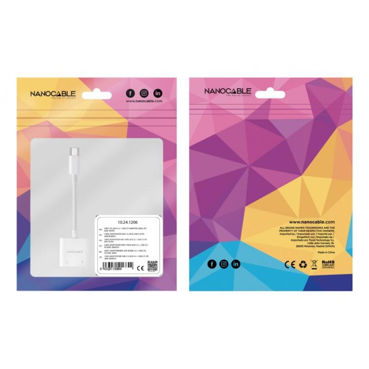Nanocable - Adaptador de Audio USB-C/M a Jack 3.5/H + USB-C/H PD 60W, 11.5 cm, Blanco