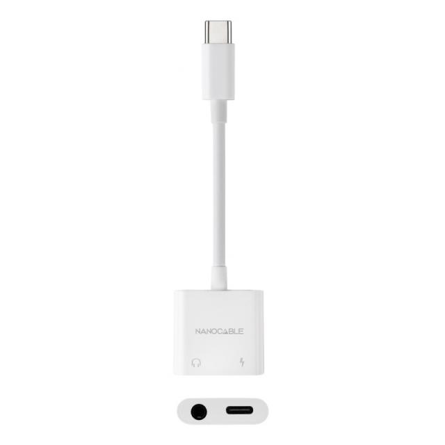 Nanocable - Adaptador de Audio USB-C/M a Jack 3.5/H + USB-C/H PD 60W, 11.5 cm, Blanco