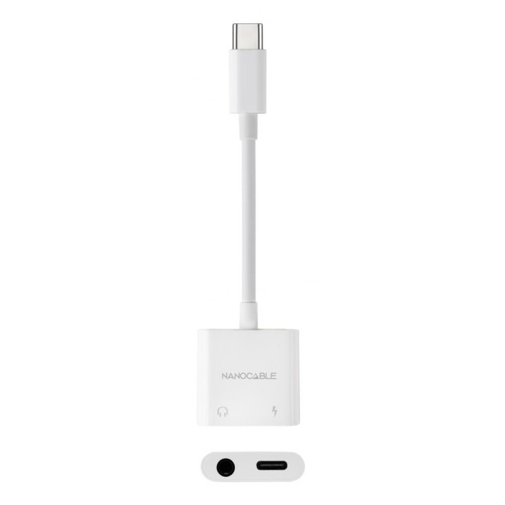 Nanocable - Adaptador de Audio USB-C/M a Jack 3.5/H + USB-C/H PD 60W, 11.5 cm, Blanco