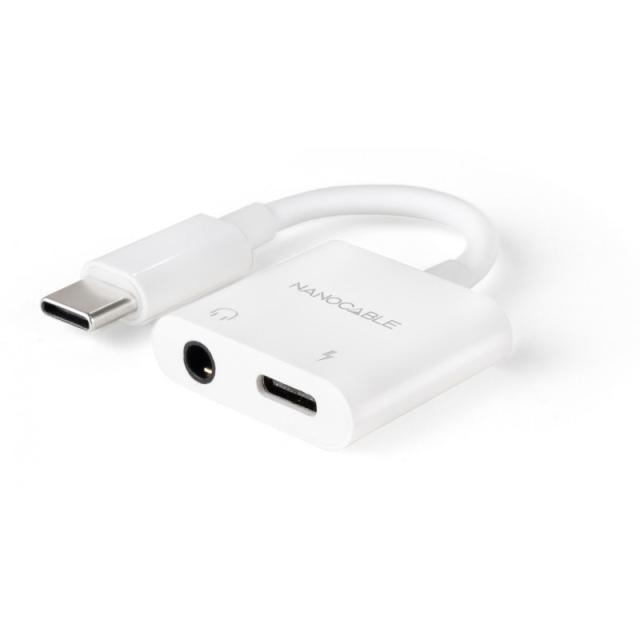 Nanocable - Adaptador de Audio USB-C/M a Jack 3.5/H + USB-C/H PD 60W, 11.5 cm, Blanco