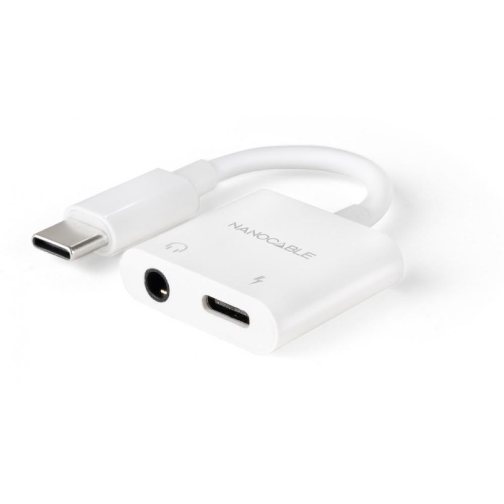 Nanocable - Adaptador de Audio USB-C/M a Jack 3.5/H + USB-C/H PD 60W, 11.5 cm, Blanco