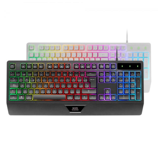 Mars Gaming - MK124, Teclado Ergonómico H-Mech, Reposamuñecas Integrado, Iluminación FRGB Rainbow, Teclado Gaming Anti - MK124ES