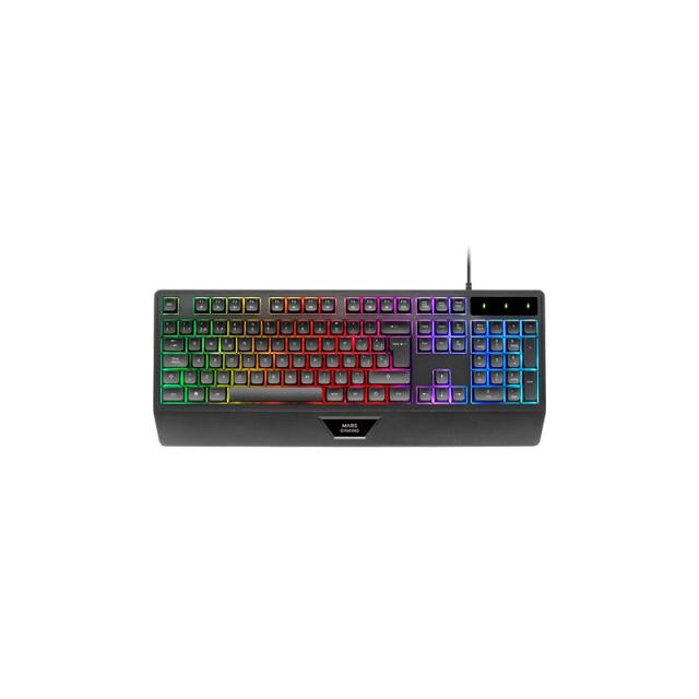 Mars Gaming - MK124, Teclado Ergonómico H-Mech, Reposamuñecas Integrado, Iluminación FRGB Rainbow, Teclado Gaming Anti - MK124ES