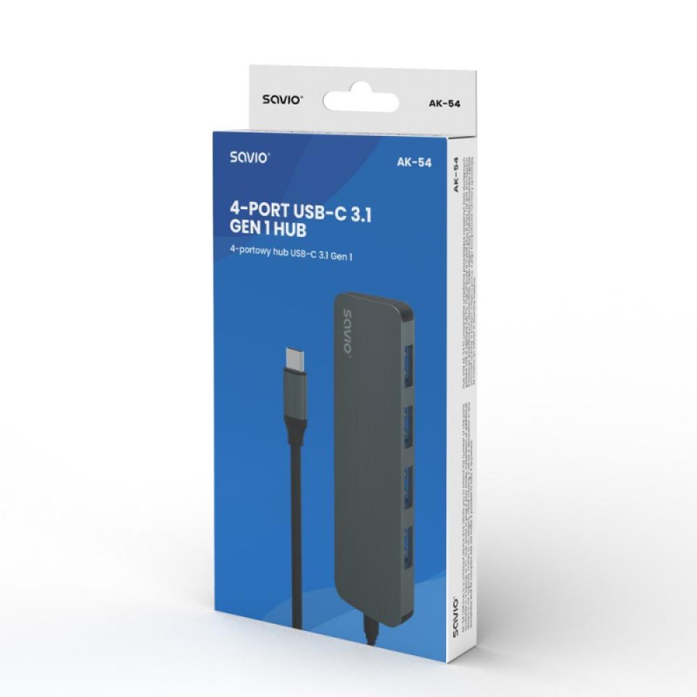 Savio - Hub USB-C - 4 x USB-A AK-54 USB 3.2 Gen 1 (3.1 Gen 1) Type-A 1000 Mbit/s Negro