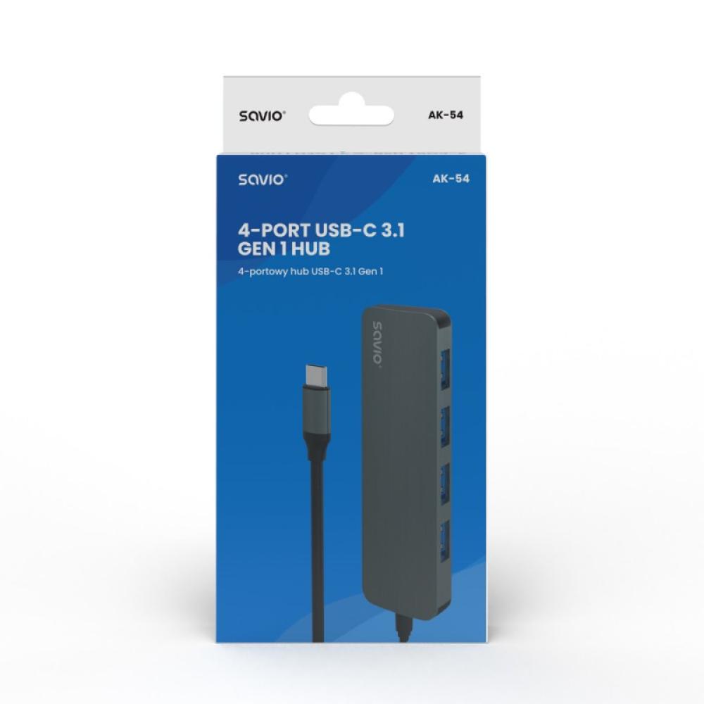 Savio - Hub USB-C - 4 x USB-A AK-54 USB 3.2 Gen 1 (3.1 Gen 1) Type-A 1000 Mbit/s Negro