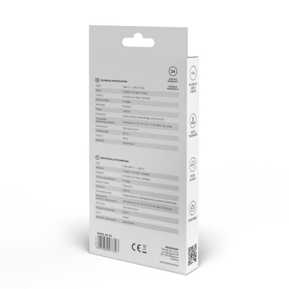Savio - Hub USB-C - 4 x USB-A AK-54 USB 3.2 Gen 1 (3.1 Gen 1) Type-A 1000 Mbit/s Negro
