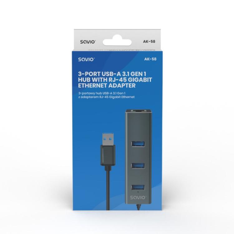Savio - AK-57 USB-A - 3 x USB-A HUB with RJ-45 Gigabit Ethernet adapter 5000 Mbit/s grey USB 3.2 Gen 1 (3.1 Gen 1) Micro-B 5000