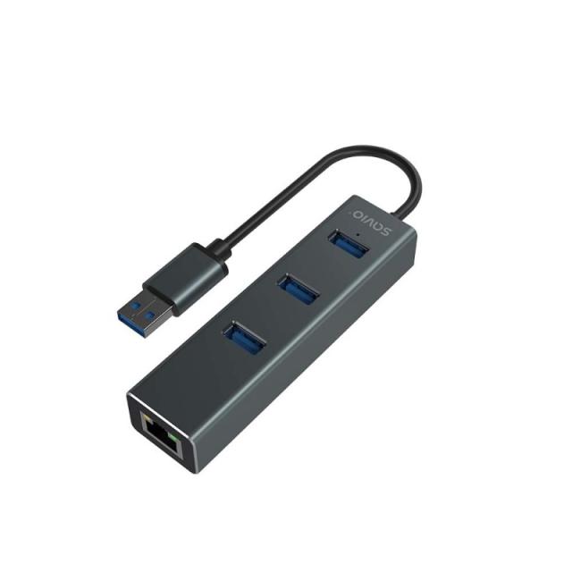 Savio - AK-57 USB-A - 3 x USB-A HUB with RJ-45 Gigabit Ethernet adapter 5000 Mbit/s grey USB 3.2 Gen 1 (3.1 Gen 1) Micro-B 5000