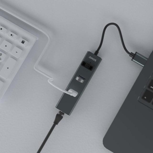 Savio - AK-57 USB-A - 3 x USB-A HUB with RJ-45 Gigabit Ethernet adapter 5000 Mbit/s grey USB 3.2 Gen 1 (3.1 Gen 1) Micro-B 5000