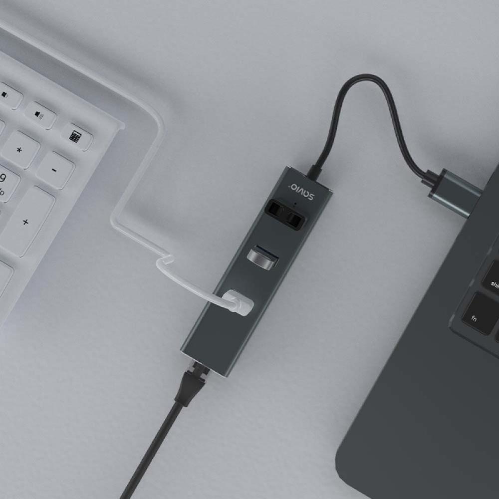 Savio - AK-57 USB-A - 3 x USB-A HUB with RJ-45 Gigabit Ethernet adapter 5000 Mbit/s grey USB 3.2 Gen 1 (3.1 Gen 1) Micro-B 5000
