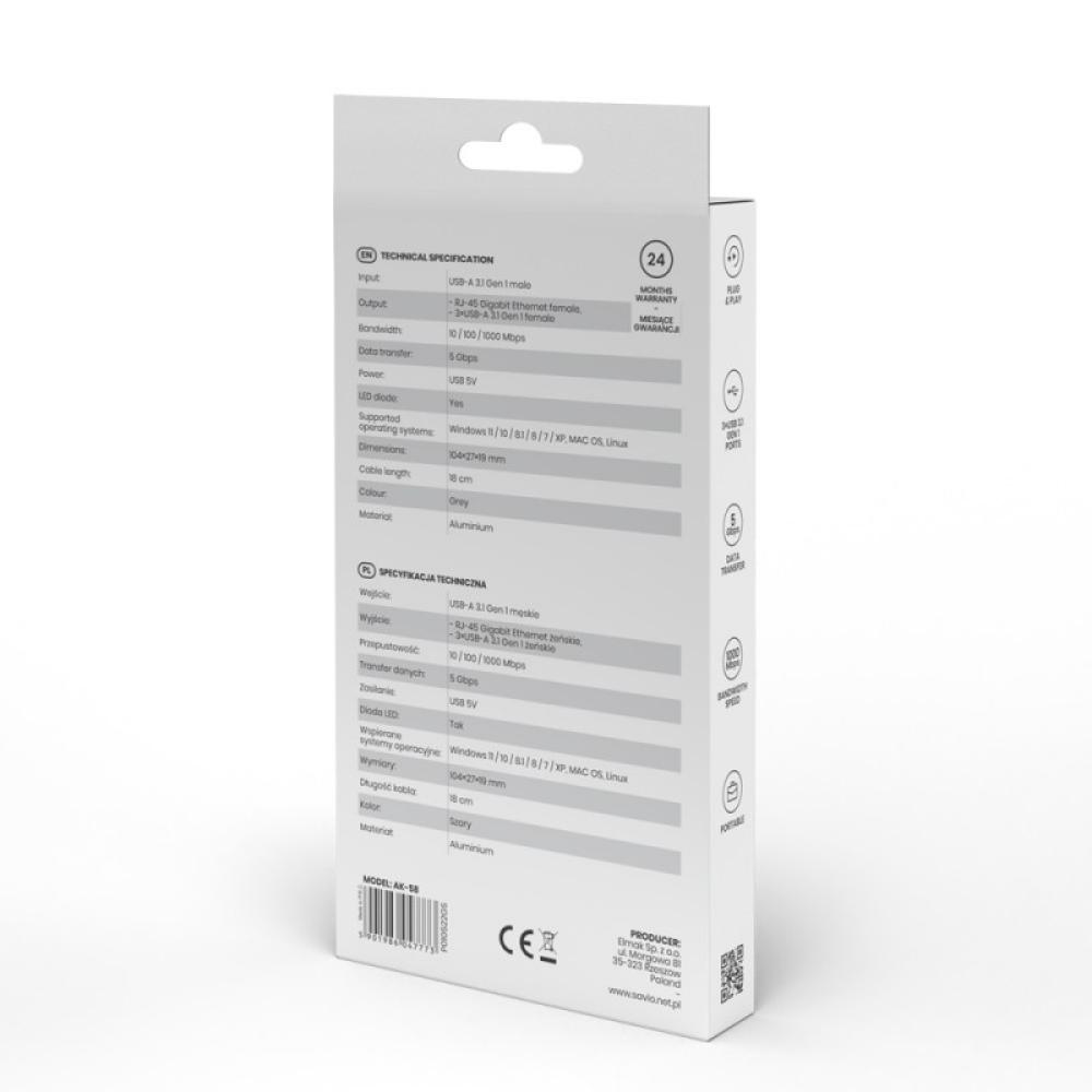 Savio - AK-57 USB-A - 3 x USB-A HUB with RJ-45 Gigabit Ethernet adapter 5000 Mbit/s grey USB 3.2 Gen 1 (3.1 Gen 1) Micro-B 5000