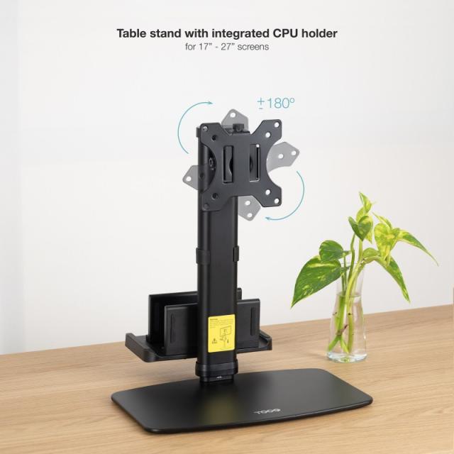 TooQ - Soporte de mesa para pantallas 17”-27” con soporte integrado para CPU Ligera