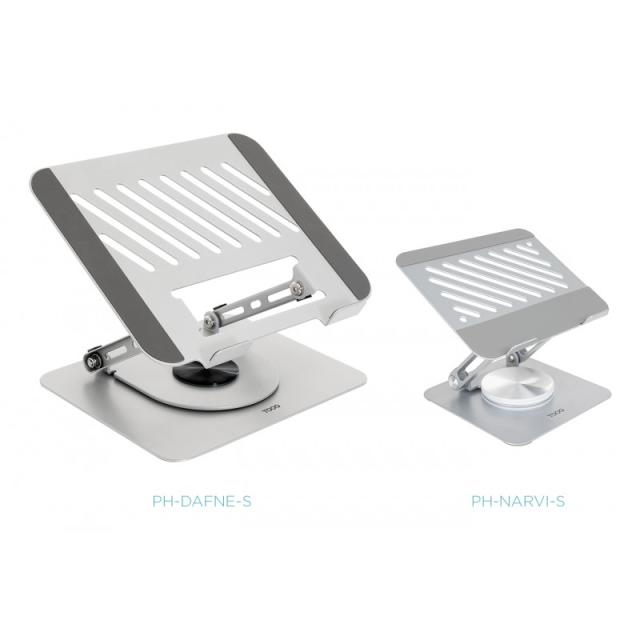 TooQ - Soporte de Sobremesa con rotación 360° y ajustable para dispositivos de hasta 13”, Color Plata