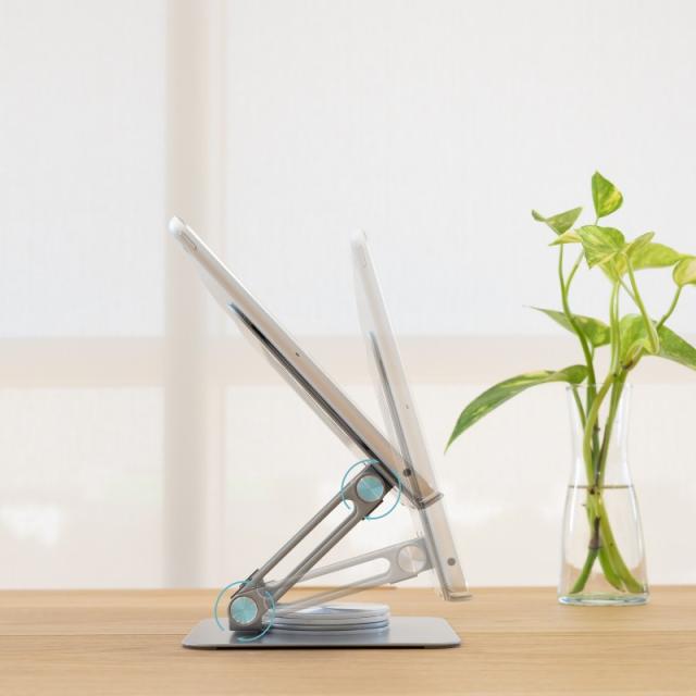 TooQ - Soporte de Sobremesa con rotación 360° y ajustable para dispositivos de hasta 13”, Color Plata