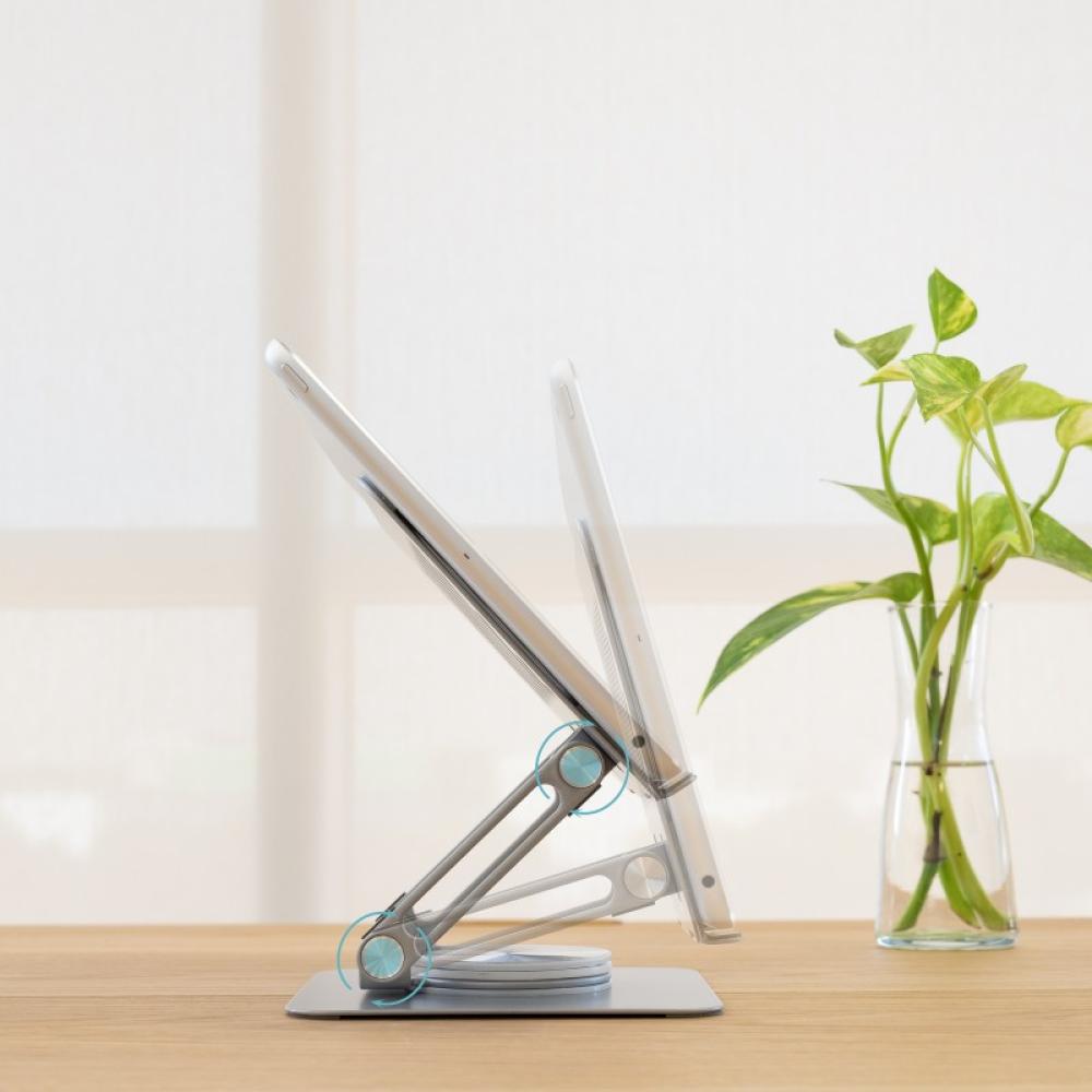 TooQ - Soporte de Sobremesa con rotación 360° y ajustable para dispositivos de hasta 13”, Color Plata