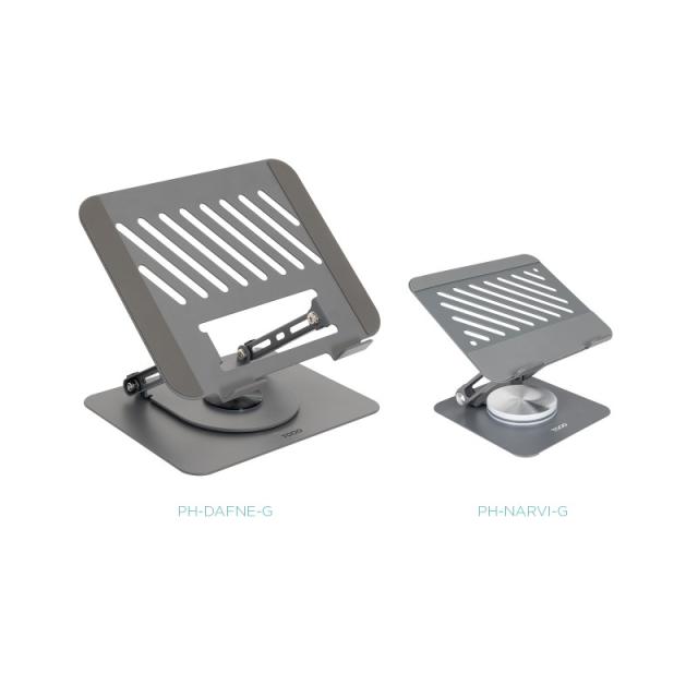 TooQ - Soporte Elevador con rotación 360° y ajustable, para dispositivos de hasta 13”, Color Gris Oscuro