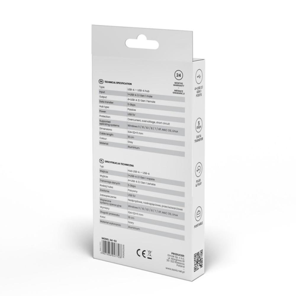 Savio - Hub 4 x USB-A 3.1 Gen 1 AK-53 USB 3.2 Gen 1 (3.1 Gen 1) Type-A 1000 Mbit/s Negro