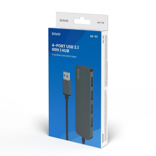 Savio - Hub 4 x USB-A 3.1 Gen 1 AK-53 USB 3.2 Gen 1 (3.1 Gen 1) Type-A 1000 Mbit/s Negro