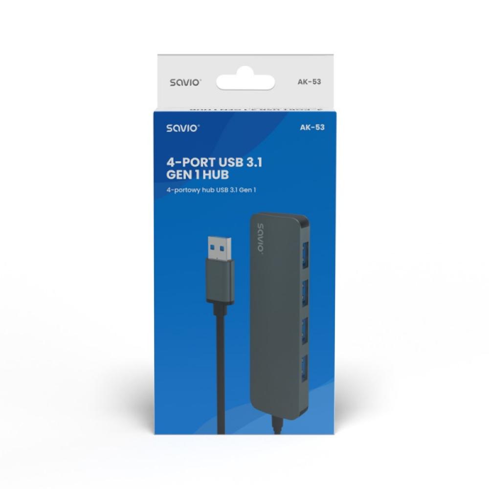 Savio - Hub 4 x USB-A 3.1 Gen 1 AK-53 USB 3.2 Gen 1 (3.1 Gen 1) Type-A 1000 Mbit/s Negro